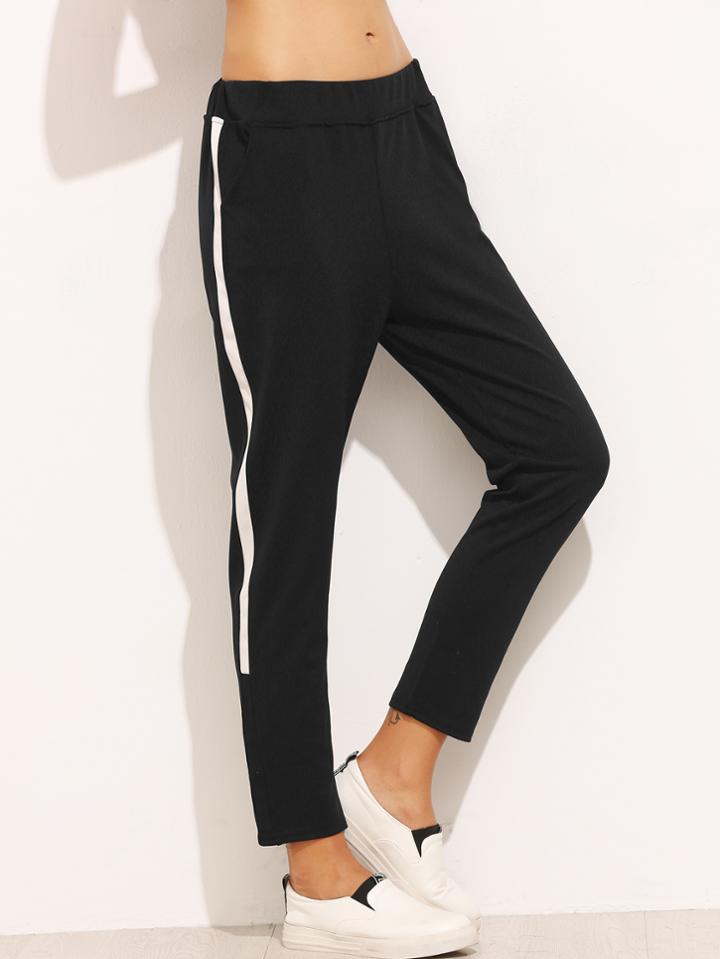 Romwe Black Stripe Side Sweat Pants