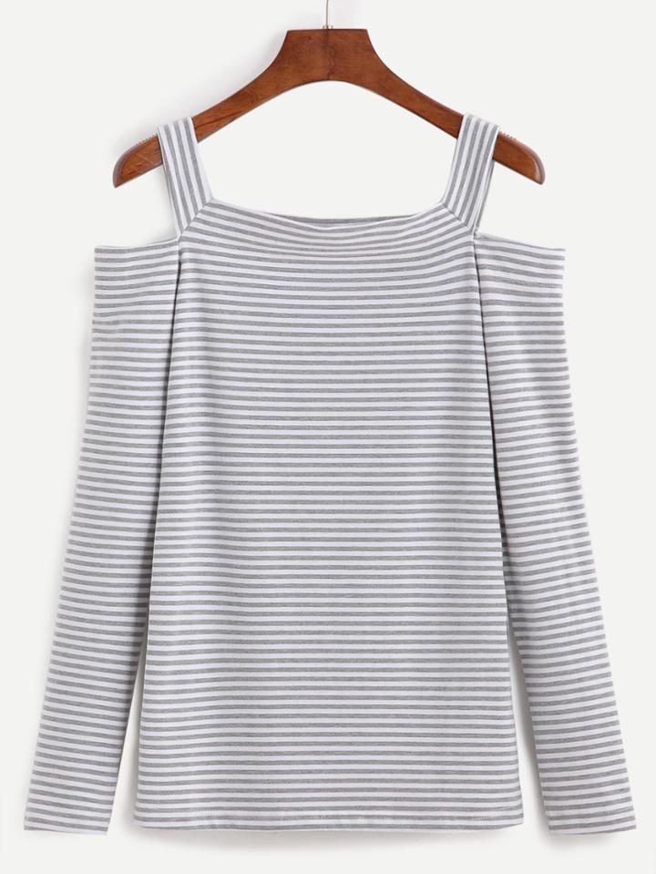 Romwe Grey Striped Cold Shoulder T-shirt