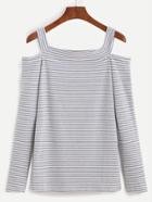 Romwe Grey Striped Cold Shoulder T-shirt