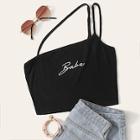 Romwe Two Way Embroidered Letter Rib-knit Top