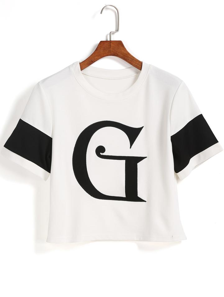Romwe White Short Sleeve G Print Crop T-shirt