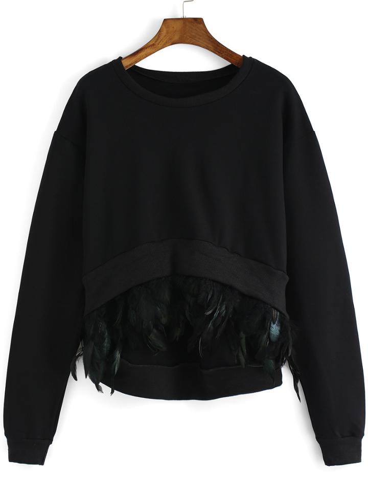 Romwe Black Round Neck Feather Embellished Dip Hem Sweatshirt