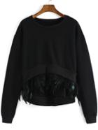 Romwe Black Round Neck Feather Embellished Dip Hem Sweatshirt