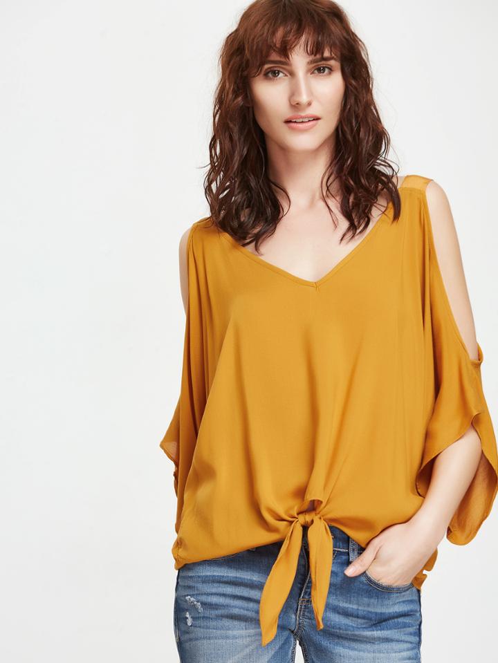 Romwe Mustard Open Shoulder V Neck Knot Front Blouse
