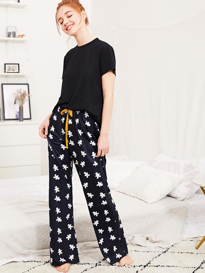 Romwe Solid Tee And Cartoon Print Pants Pj Set