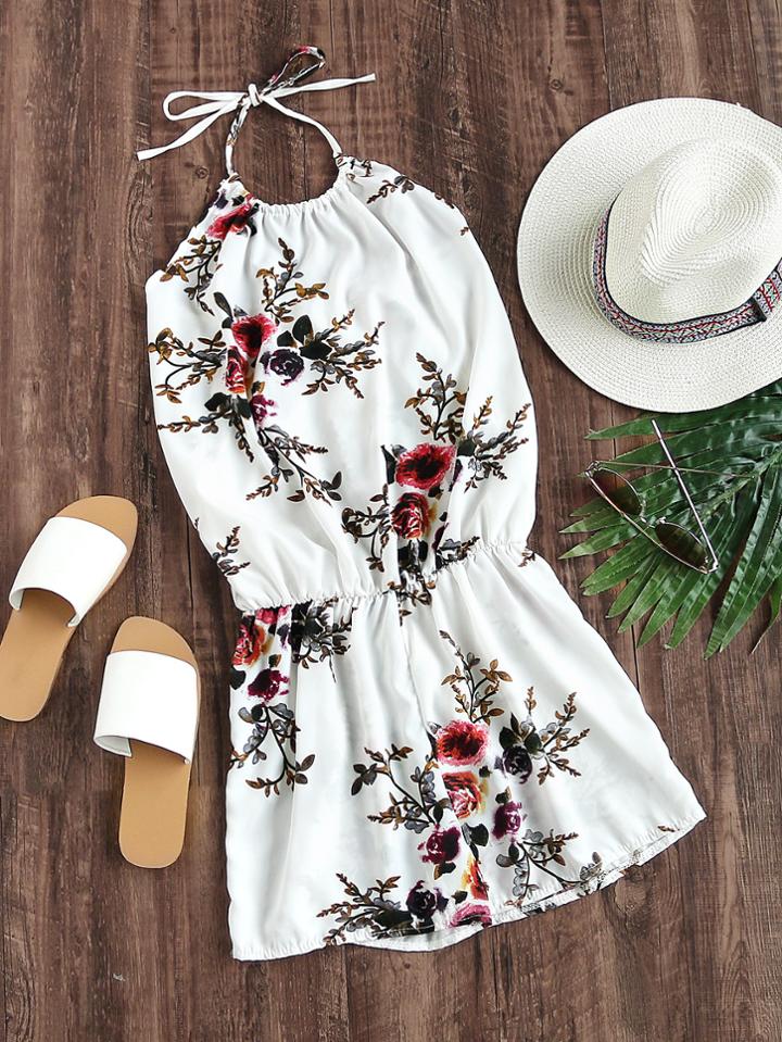 Romwe Halter Neck Floral Print Random Chiffon Romper