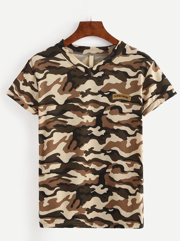 Romwe V-neck Camo T-shirt - Apricot