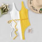 Romwe Two Tone Belted One Piece Swimsuit