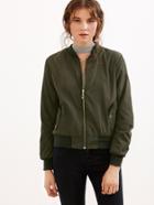 Romwe Army Green Shirred Sleeve Zipper Bomber Jacket