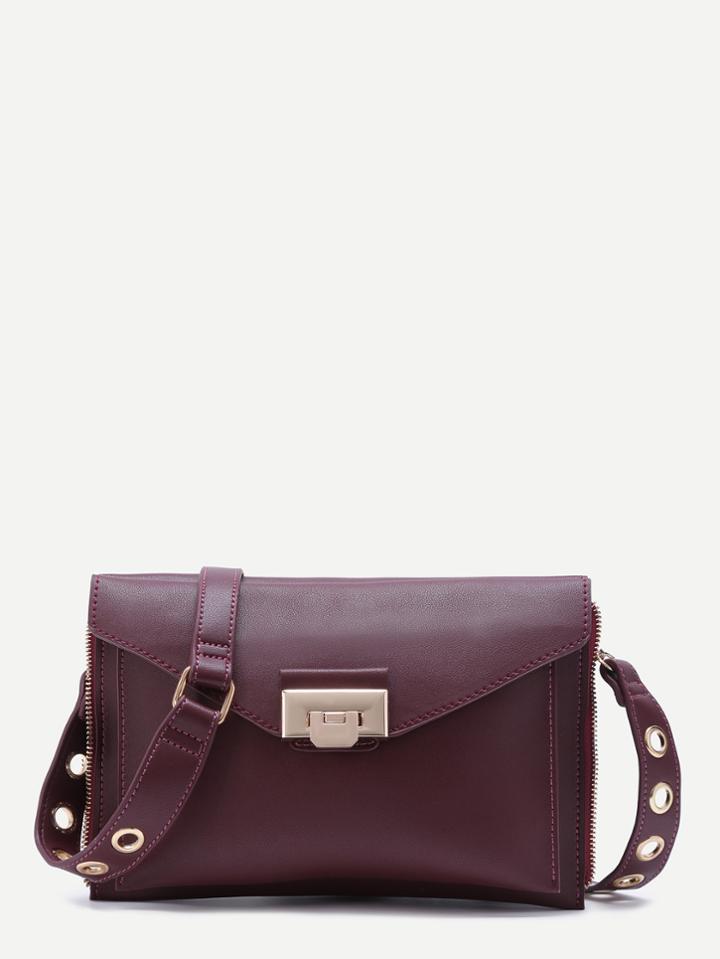 Romwe Maroon Zip Trim Pu Double Sided Envelope Bag With Eyelet Strap