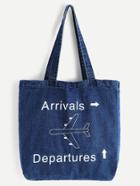 Romwe Airplane Print Denim Tote Shopper Bag