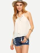 Romwe Halter Neck Eyelet Lace-up Top - White