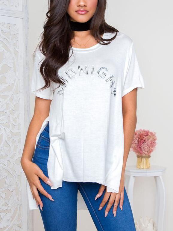 Romwe White Rhinestone Letter High Low T-shirt