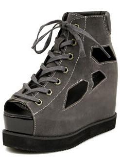 Romwe Grey Lace Up Hollow Heavy-bottomed Sandals