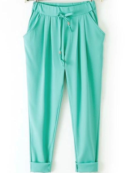 Romwe Drawstring Waist Pockets Green Pant