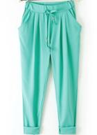 Romwe Drawstring Waist Pockets Green Pant