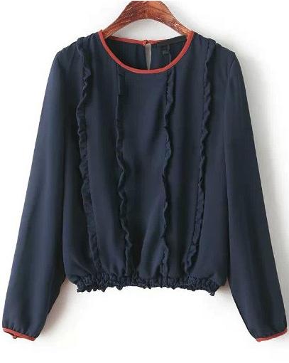 Romwe Navy Long Sleeve Flouncing Crop Blouse