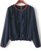 Romwe Navy Long Sleeve Flouncing Crop Blouse