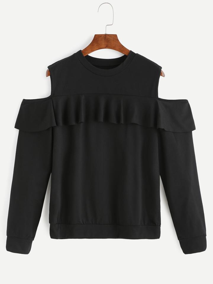 Romwe Black Open Shoulder Ruffle Sweatshirt