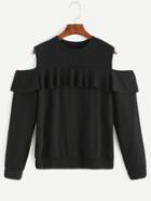 Romwe Black Open Shoulder Ruffle Sweatshirt