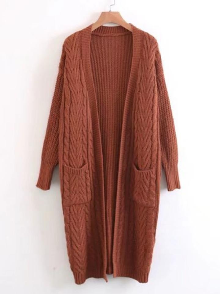 Romwe Open Front Cable Knit Longline Sweater Coat