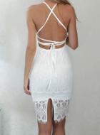 Romwe Halter Backless Sheer Lace Hem Bodycon Dress