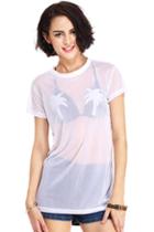 Romwe Coconut Palms Print Mesh Transparent White T-shirt