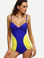 Romwe Contrast Ruched Ladder Cut One Piece Swimwear