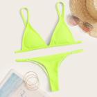 Romwe Neon Lime Ribbed Triangle Bikini Set