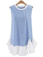 Romwe Ruffled Hem Vertical Striped Shift Dress - Blue