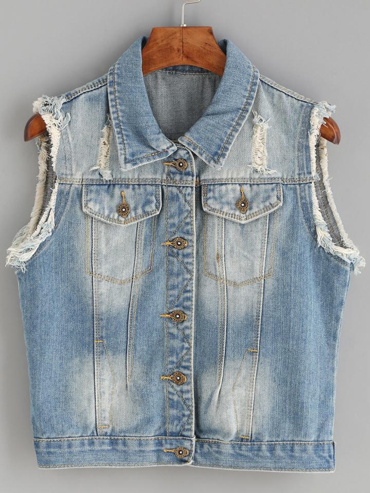 Romwe Blue Frayed Bleach Wash Denim Vest