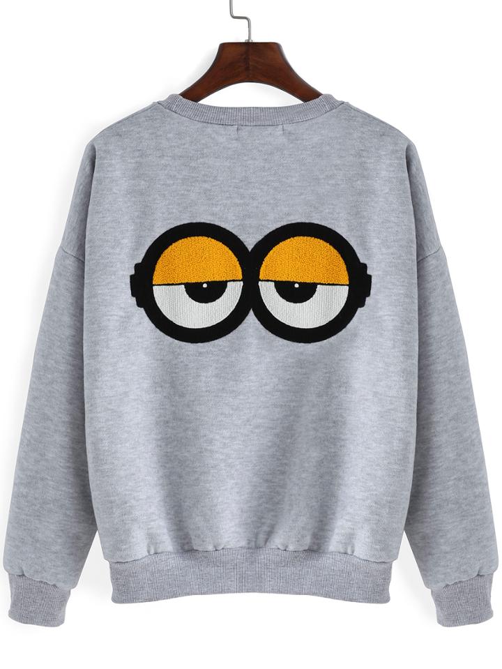 Romwe Hooded Letter Print Dip Hem Zipper Slit Grey Sweatshirt