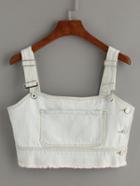 Romwe Pale Blue Denim Raw Hem Strap Crop Top With Pocket