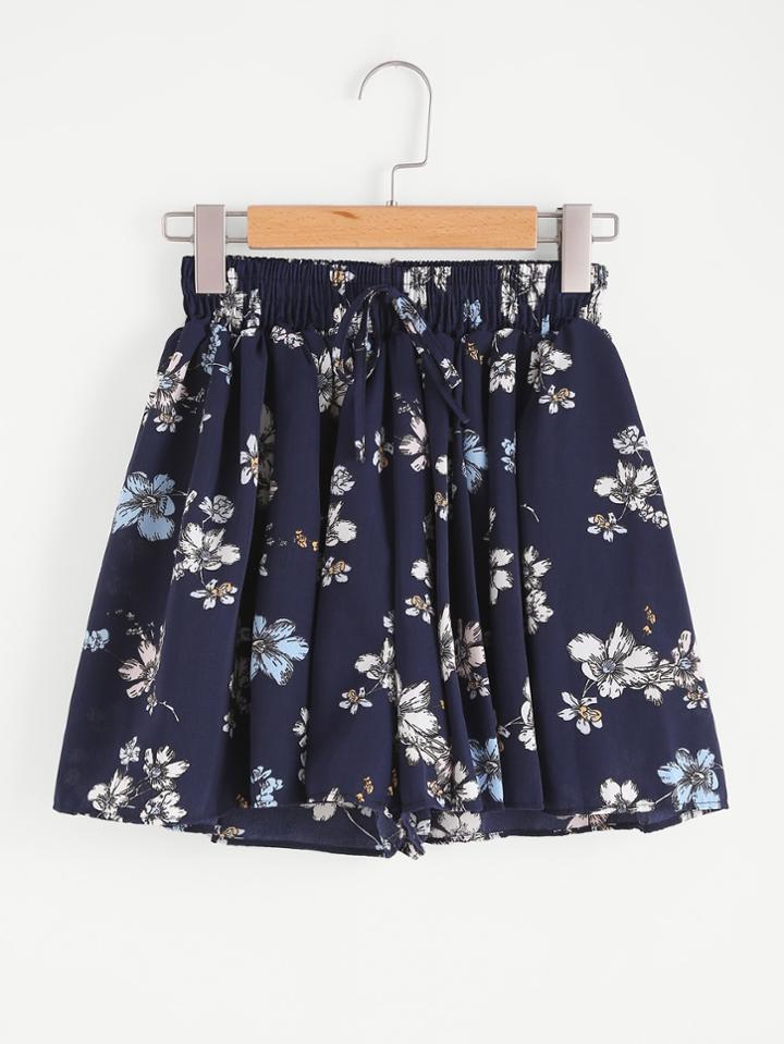 Romwe Floral Print Drawstring Shirred Waist Chiffon Skort