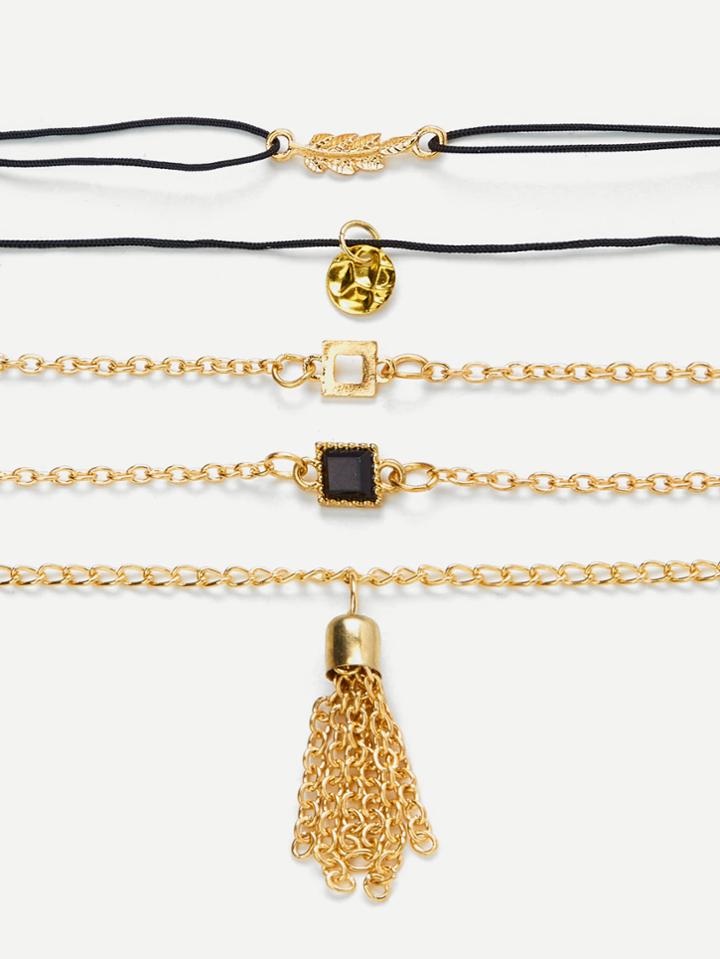 Romwe Tassel & Leaf Design Bracelet Set