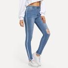 Romwe Ripped Detail Contrast Taped Side Jeans