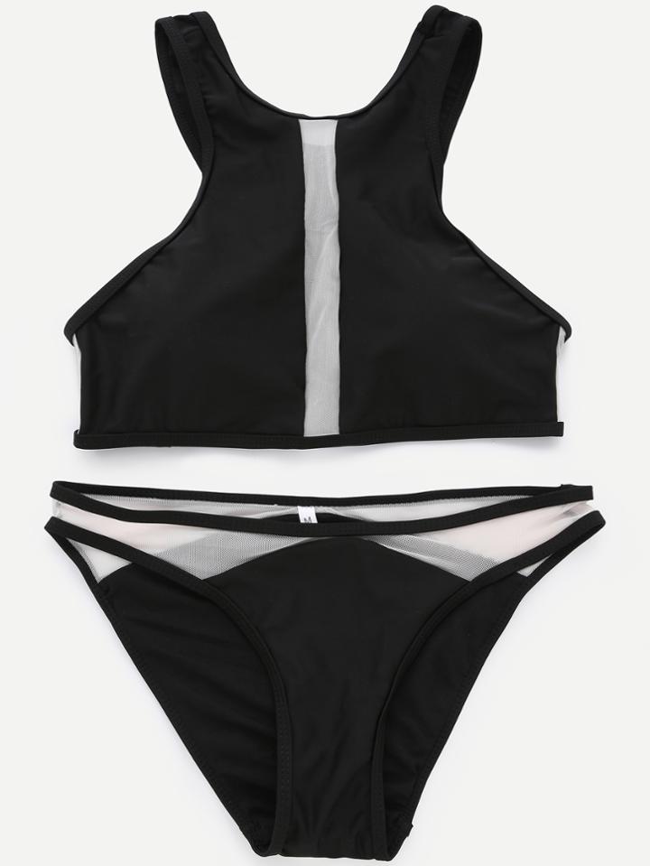 Romwe Black Contrast Mesh Panel Racer Front Bikini Set
