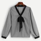 Romwe Houndstooth Tie Neck Blouse