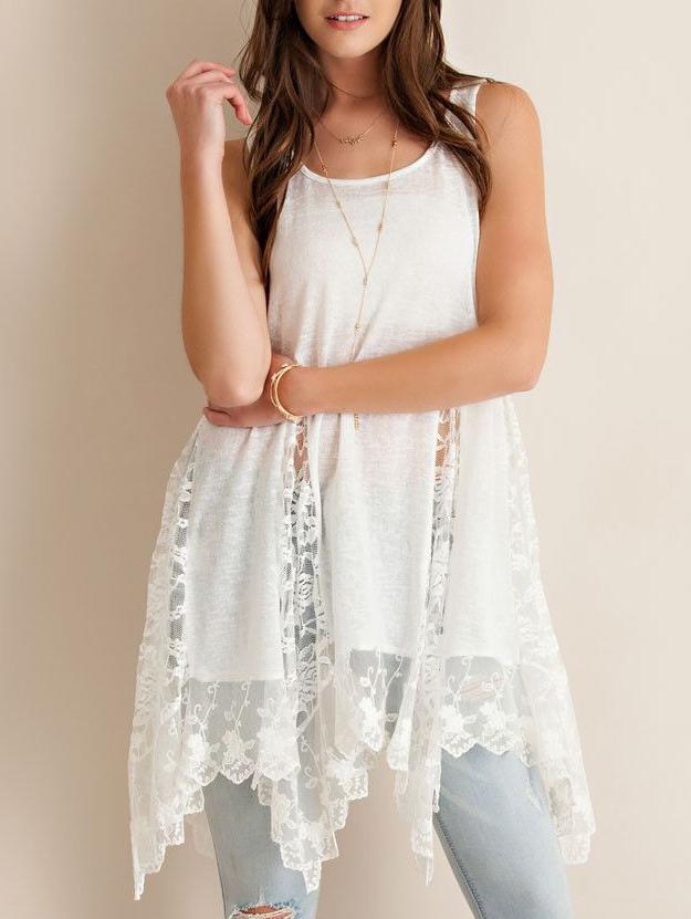 Romwe Lace Inset White Swing Tank Dress