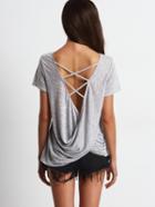 Romwe Grey Criss Cross Drapped Back Casual T-shirt
