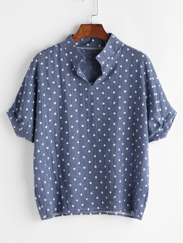Romwe Stand Collar Texture Dots Print Blouse