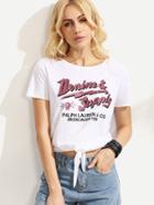 Romwe White Letter Print Tie Front High Low T-shirt