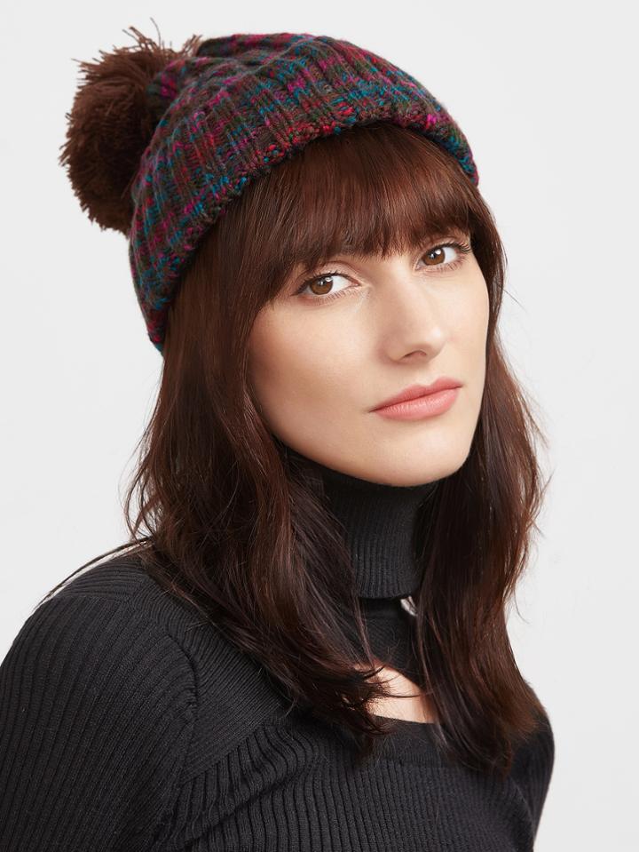 Romwe Multicolor Ribbed Knit Pom Pom Bobble Hat