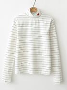 Romwe Heart Embroidered High Neck Striped Tee