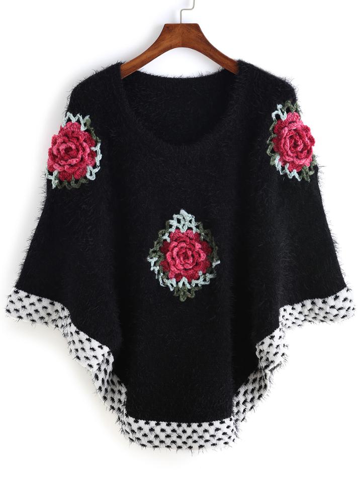 Romwe Flower Crochet Fuzzy Black Poncho