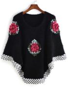 Romwe Flower Crochet Fuzzy Black Poncho