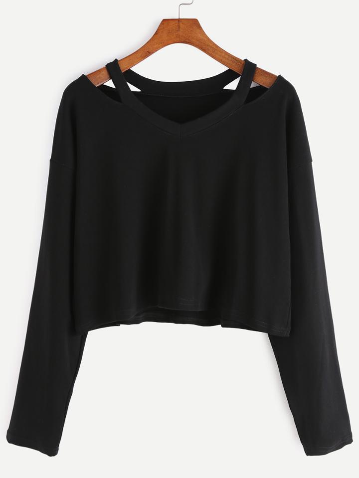 Romwe Black Cut Out Neck T-shirt