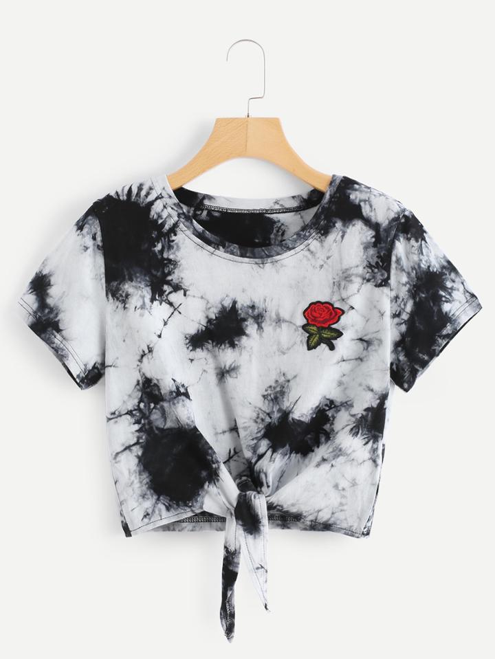 Romwe Tie Dye Knotted Crop T-shirt