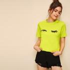 Romwe Neon Yellow Eye & Eyelash Print Tee