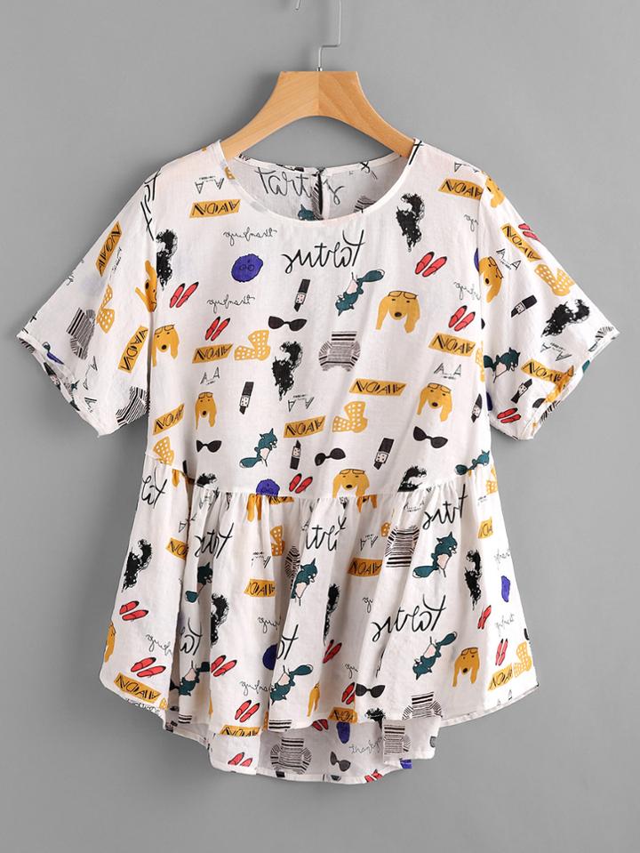 Romwe Cartoon Print Keyhole Back Dip Hem Smock Blouse